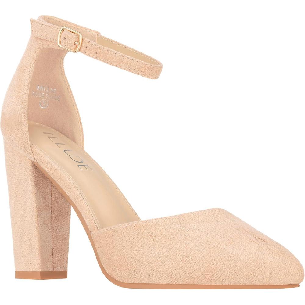 imageILLUDE Womens High Block Heels Pumps Pointed Closed Toe Ankle Strap High Heel Pump ShoesNude Suede