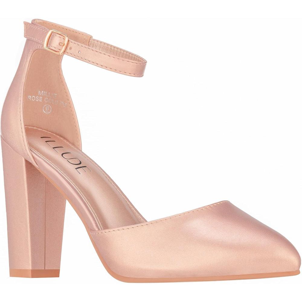 imageILLUDE Womens High Block Heels Pumps Pointed Closed Toe Ankle Strap High Heel Pump ShoesRose Gold Pu