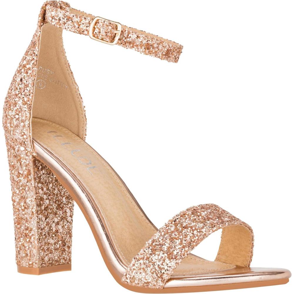 imageILLUDE Womens Open Toe Ankle Strap Chunky Block High Heel  Formal Wedding Party Classic Heeled Sandals  RubyChampagne Glitter