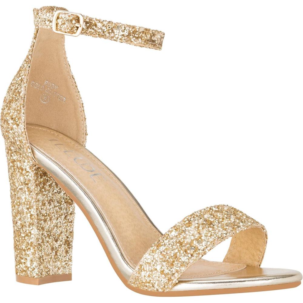imageILLUDE Womens Open Toe Ankle Strap Chunky Block High Heel  Formal Wedding Party Classic Heeled Sandals  RubyGold Glitter