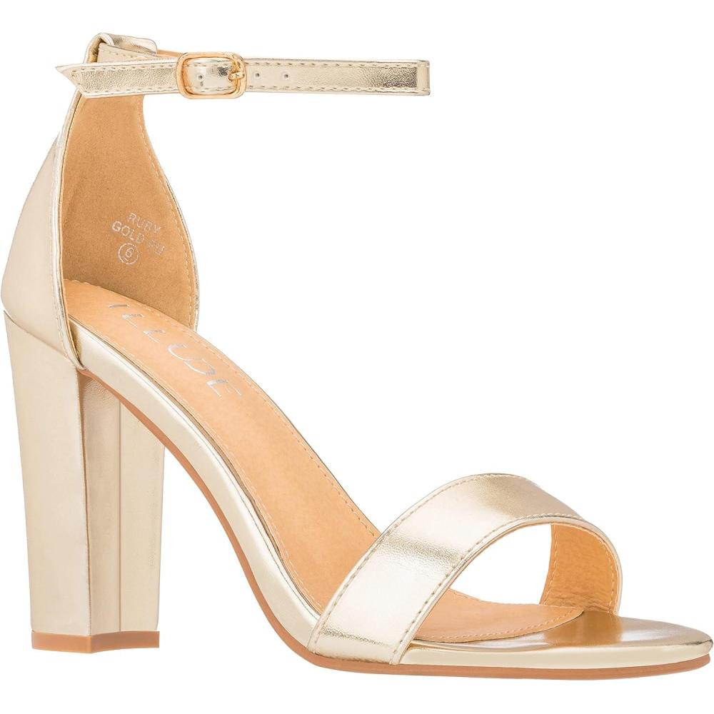 imageILLUDE Womens Open Toe Ankle Strap Chunky Block High Heel  Formal Wedding Party Classic Heeled Sandals  RubyGold Pu