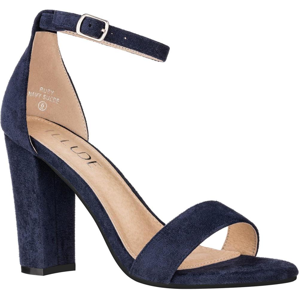 imageILLUDE Womens Open Toe Ankle Strap Chunky Block High Heel  Formal Wedding Party Classic Heeled Sandals  RubyNavy Suede