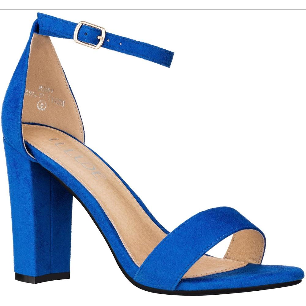 imageILLUDE Womens Open Toe Ankle Strap Chunky Block High Heel  Formal Wedding Party Classic Heeled Sandals  RubyRoyal Blue Suede