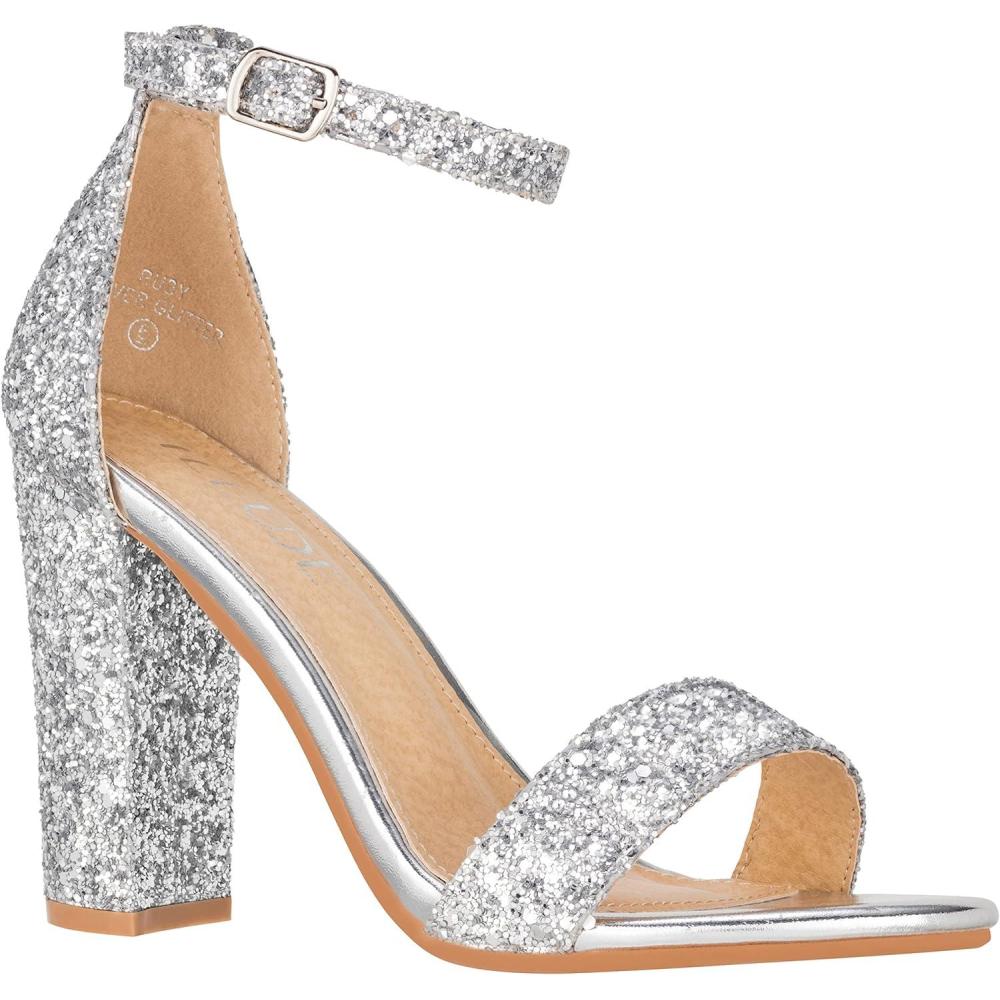 imageILLUDE Womens Open Toe Ankle Strap Chunky Block High Heel  Formal Wedding Party Classic Heeled Sandals  RubySilver Glitter
