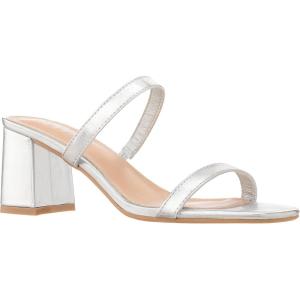 ILLUDE Women’s Block Heel Double Band Square Toe Heeled Sandal Slip On Mule – Lisa(Silver Pu)