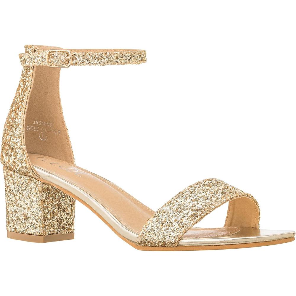 imageILLUDE Womens Open Toe Ankle Strap Low Block Chunky Heels Sandals Party Dress Pumps ShoesGold Glitter