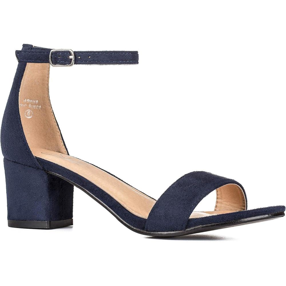 imageILLUDE Womens Open Toe Ankle Strap Low Block Chunky Heels Sandals Party Dress Pumps ShoesNavy Suede