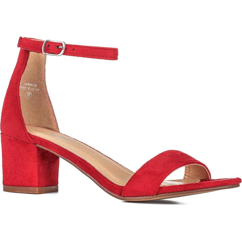imageILLUDE Womens Open Toe Ankle Strap Low Block Chunky Heels Sandals Party Dress Pumps ShoesRed Suede