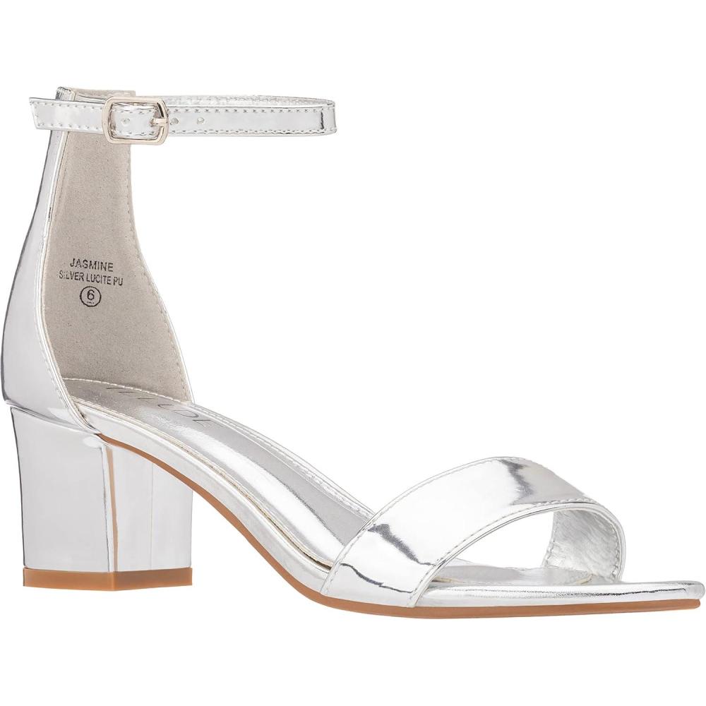 imageILLUDE Womens Open Toe Ankle Strap Low Block Chunky Heels Sandals Party Dress Pumps ShoesSilver Patent