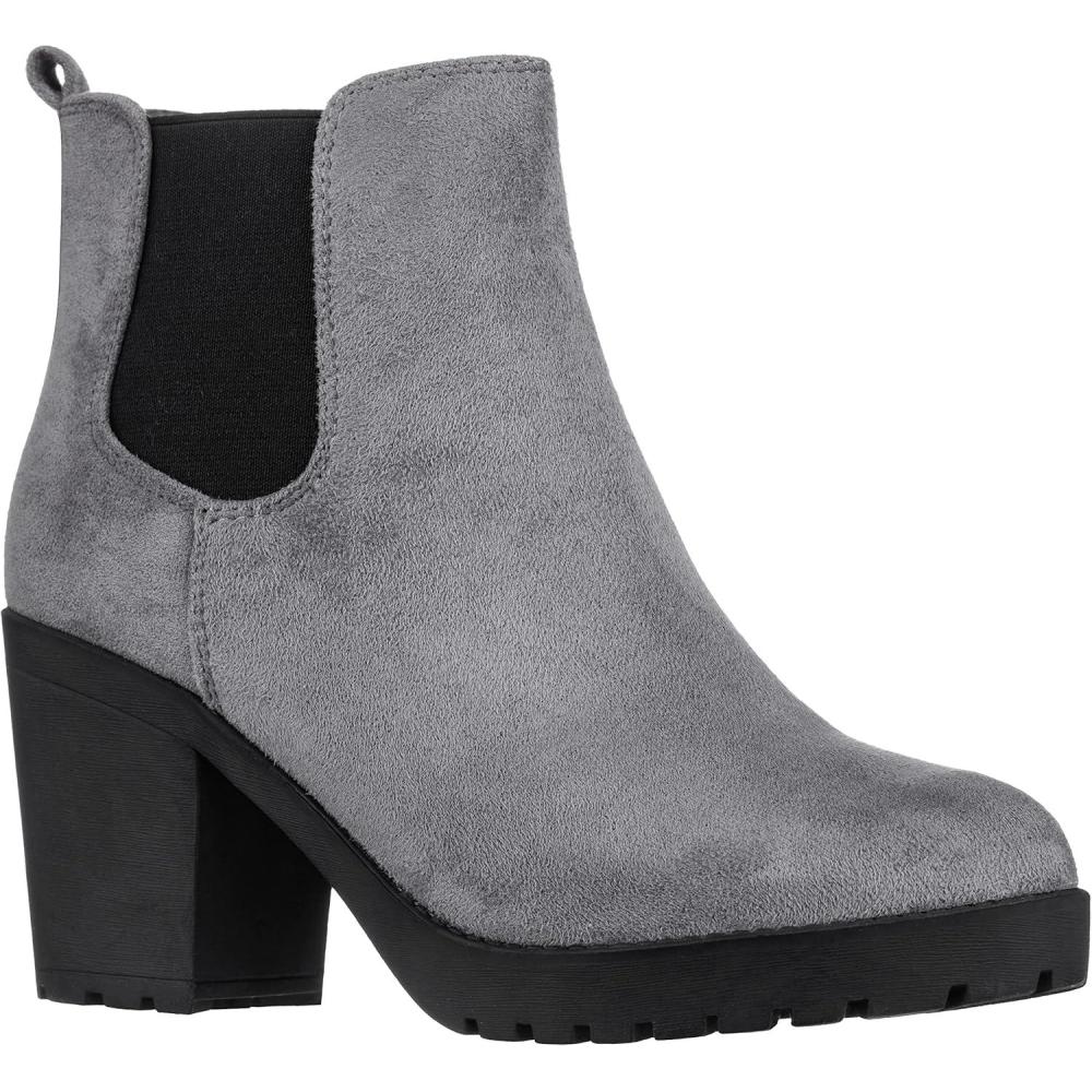 imageILLUDE Womens Ankle Boots Chelsea Bootie Chunky Block Heel Round Toe BootGrey Suede