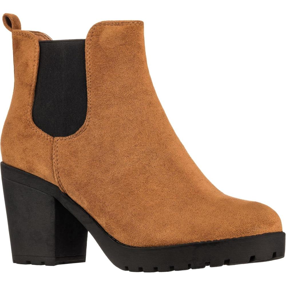 imageILLUDE Womens Ankle Boots Chelsea Bootie Chunky Block Heel Round Toe BootTan Suede