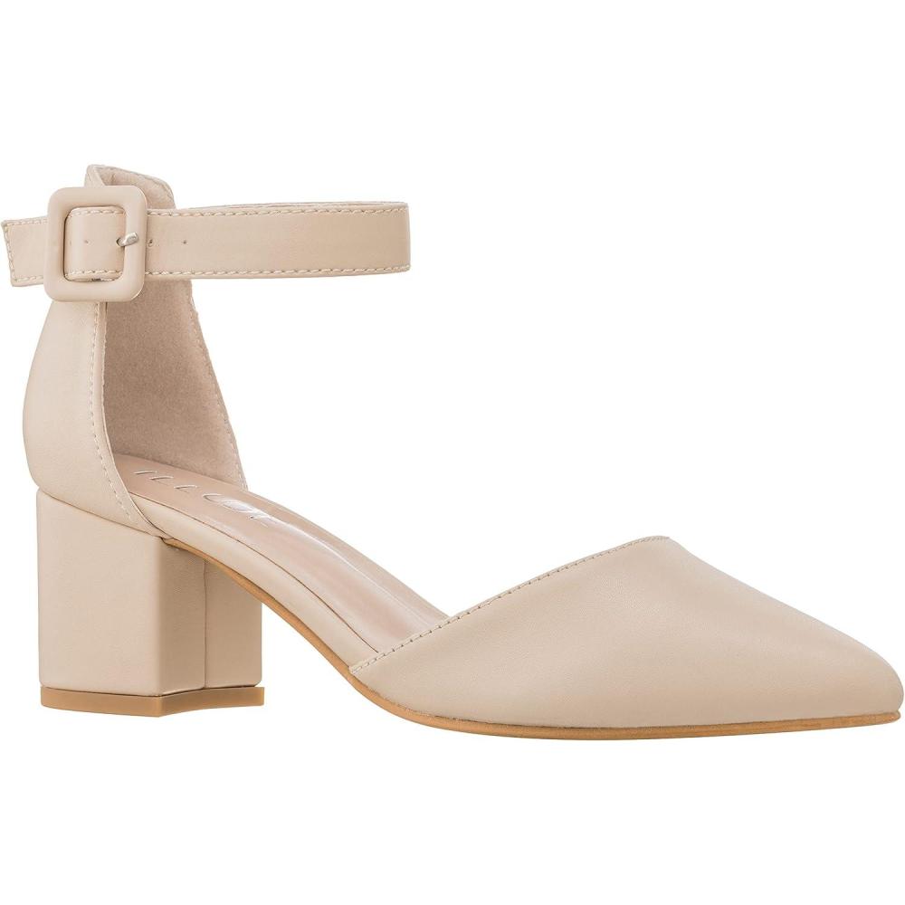 imageILLUDE Womens Heels Pointy Closed Toe Pump Ankle Strap Chunky Low Block HeelsNude Pu
