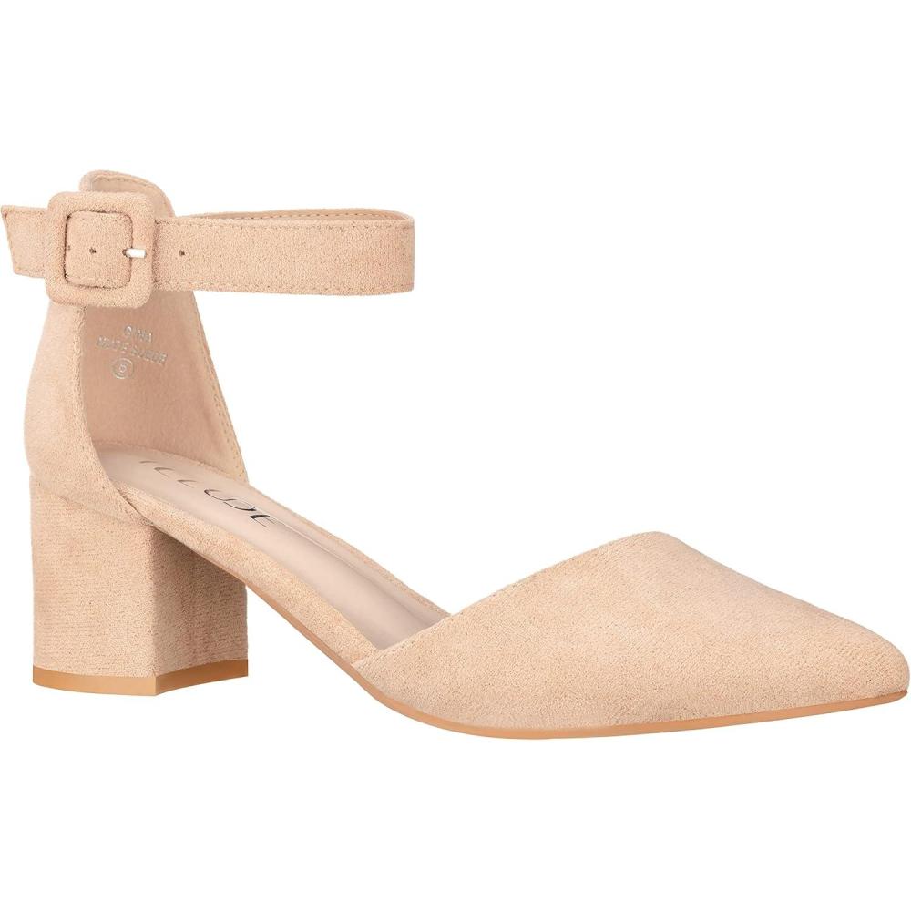 imageILLUDE Womens Heels Pointy Closed Toe Pump Ankle Strap Chunky Low Block HeelsNude Suede