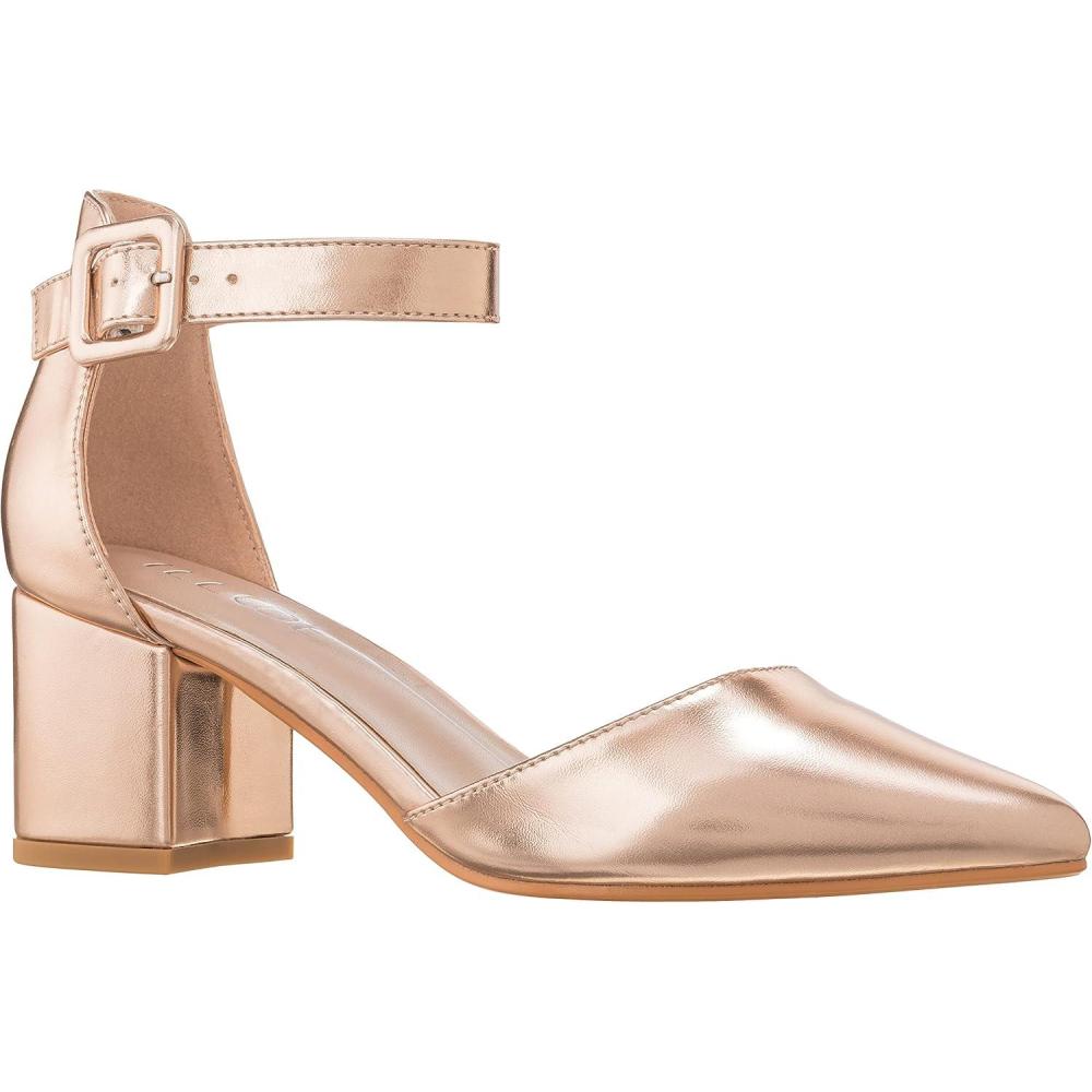 imageILLUDE Womens Heels Pointy Closed Toe Pump Ankle Strap Chunky Low Block HeelsRose Gold Pu