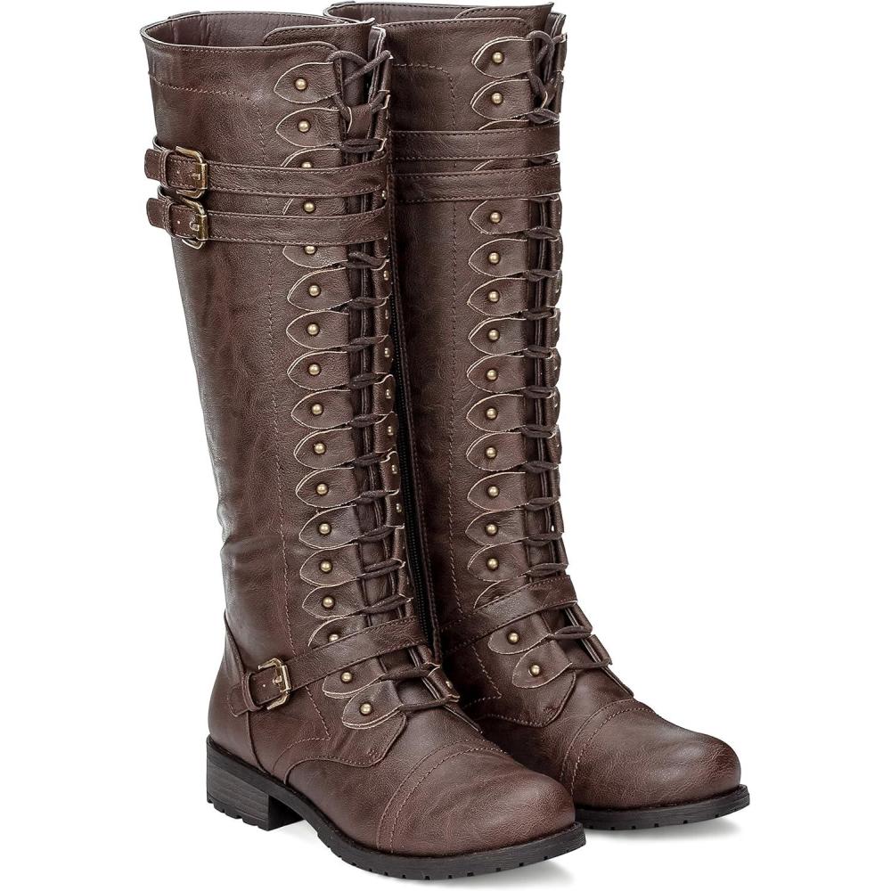 imageILLUDE Womens Knee High Boots Lace Up Buckle Military Combat BootBrown