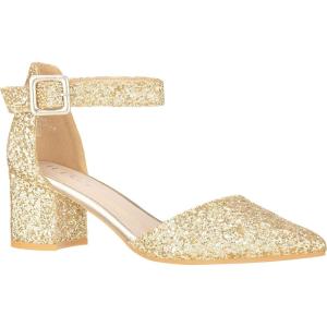 ILLUDE Women’s Heels Pointy Closed Toe Pump Ankle Strap Chunky Low Block Heels(Gold Glitter)