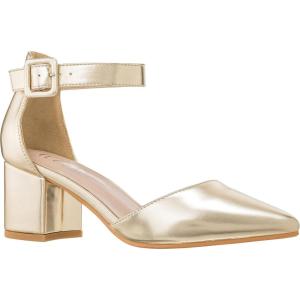 ILLUDE Women’s Heels Pointy Closed Toe Pump Ankle Strap Chunky Low Block Heels(Gold Pu)
