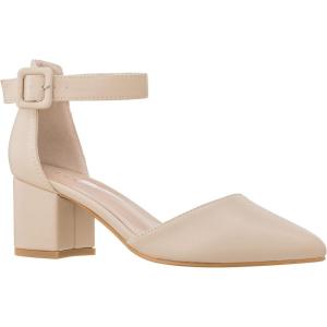 ILLUDE Women’s Heels Pointy Closed Toe Pump Ankle Strap Chunky Low Block Heels(Nude Pu)