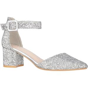 ILLUDE Women’s Heels Pointy Closed Toe Pump Ankle Strap Chunky Low Block Heels(Silver Glitter)