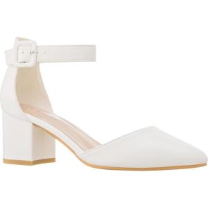 ILLUDE Women’s Heels Pointy Closed Toe Pump Ankle Strap Chunky Low Block Heels(White Pu)