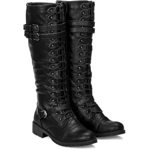 ILLUDE Women’s Knee High Boots Lace Up Buckle Military Combat Boot(Black)