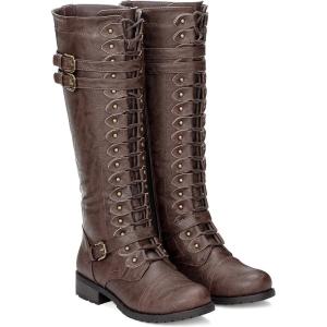 ILLUDE Women’s Knee High Boots Lace Up Buckle Military Combat Boot(Brown)
