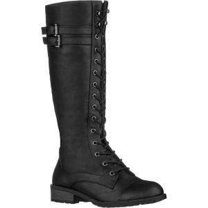 ILLUDE Women’s Knee High Riding Boot Lace Up Buckle Military Combat Boots(Black)